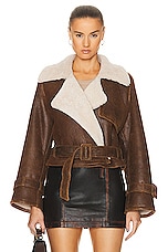 NOUR HAMMOUR Hatti Shearling Double Breasted Crop Belt Jacket in Caramel, view 1, click to view large image.
