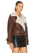 NOUR HAMMOUR Hatti Shearling Double Breasted Crop Belt Jacket in Caramel, view 2, click to view large image.