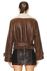 NOUR HAMMOUR Hatti Shearling Double Breasted Crop Belt Jacket in Caramel, view 3, click to view large image.