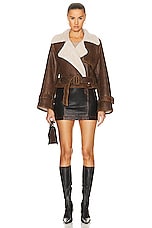 NOUR HAMMOUR Hatti Shearling Double Breasted Crop Belt Jacket in Caramel, view 4, click to view large image.