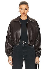 NOUR HAMMOUR Luna Cropped Leather Bomber Jacket in Dark Chocolate, view 1, click to view large image.