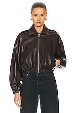 NOUR HAMMOUR Luna Cropped Leather Bomber Jacket in Dark Chocolate, view 2, click to view large image.