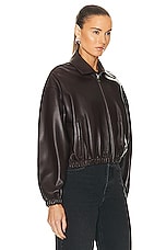 NOUR HAMMOUR Luna Cropped Leather Bomber Jacket in Dark Chocolate, view 3, click to view large image.
