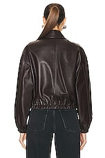 NOUR HAMMOUR Luna Cropped Leather Bomber Jacket in Dark Chocolate, view 4, click to view large image.