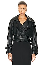 NOUR HAMMOUR Hatti Croco Belted Double Breasted Cropped Jacket in Black Croco, view 1, click to view large image.