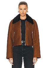 NOUR HAMMOUR Nyla Simple Cropped Shearling Jacket in Cognac & Black, view 2, click to view large image.