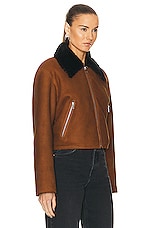 NOUR HAMMOUR Nyla Simple Cropped Shearling Jacket in Cognac & Black, view 3, click to view large image.