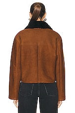 NOUR HAMMOUR Nyla Simple Cropped Shearling Jacket in Cognac & Black, view 4, click to view large image.