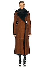 NOUR HAMMOUR Joni Shearling Coat in Cognac & Black, view 1, click to view large image.