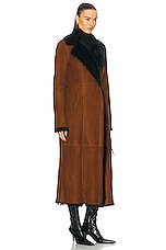 NOUR HAMMOUR Joni Shearling Coat in Cognac & Black, view 2, click to view large image.
