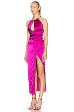 NICHOLAS Bennet Halter Neck Open Back Midi Dress in Magenta, view 3, click to view large image.