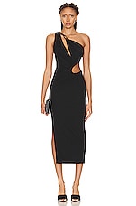 NICHOLAS Drie Draped Asymmetrical Midi Dress in Black, view 1, click to view large image.