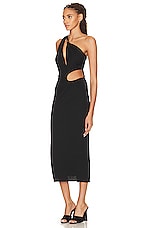 NICHOLAS Drie Draped Asymmetrical Midi Dress in Black, view 3, click to view large image.