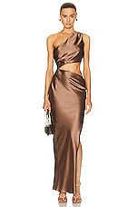 NICHOLAS Raya One Shoulder Asymmetrical Gown in Desert, view 1, click to view large image.