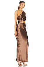 NICHOLAS Raya One Shoulder Asymmetrical Gown in Desert, view 2, click to view large image.