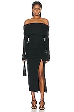 NICHOLAS Ascha Ruched Off Shoulder Midi Dress in Black, view 1, click to view large image.