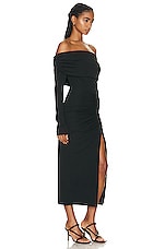 NICHOLAS Ascha Ruched Off Shoulder Midi Dress in Black, view 2, click to view large image.