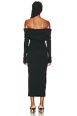 NICHOLAS Ascha Ruched Off Shoulder Midi Dress in Black, view 3, click to view large image.