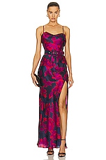 NICHOLAS Belira Cowl Neck Gown in Magenta Blurred Floral Print, view 1, click to view large image.