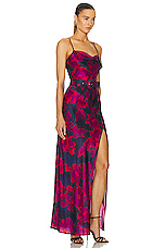 NICHOLAS Belira Cowl Neck Gown in Magenta Blurred Floral Print, view 2, click to view large image.