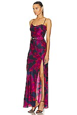 NICHOLAS Belira Cowl Neck Gown in Magenta Blurred Floral Print, view 3, click to view large image.
