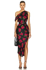 NICHOLAS Calantha Off Shoulder Midi Dress in Magenta Rose Print, view 1, click to view large image.