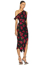 NICHOLAS Calantha Off Shoulder Midi Dress in Magenta Rose Print, view 2, click to view large image.