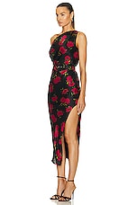NICHOLAS Calantha Off Shoulder Midi Dress in Magenta Rose Print, view 3, click to view large image.