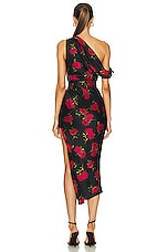 NICHOLAS Calantha Off Shoulder Midi Dress in Magenta Rose Print, view 4, click to view large image.