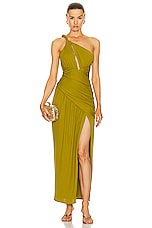 NICHOLAS Nala Draped Asymmetrical Midi Dress in Moss, view 1, click to view large image.