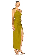 NICHOLAS Nala Draped Asymmetrical Midi Dress in Moss, view 2, click to view large image.