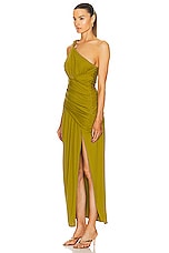 NICHOLAS Nala Draped Asymmetrical Midi Dress in Moss, view 3, click to view large image.