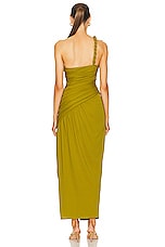 NICHOLAS Nala Draped Asymmetrical Midi Dress in Moss, view 4, click to view large image.