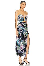NICHOLAS Morgan Strapless Seamed Midi Dress in Antique Floral Black, view 2, click to view large image.