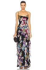 NICHOLAS Kamila Ruffle Cowl Gown in Antique Floral Black, view 1, click to view large image.
