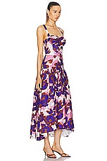NICHOLAS Drenica Drop Waist Corset Midi Dress in Rose Blur Print, view 2, click to view large image.