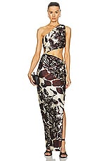 NICHOLAS Raya One Shoulder Asymmetrical Gown in Dark Chocolate Segovia Print, view 1, click to view large image.