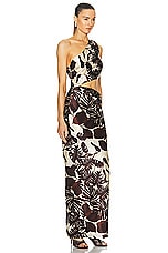 NICHOLAS Raya One Shoulder Asymmetrical Gown in Dark Chocolate Segovia Print, view 2, click to view large image.