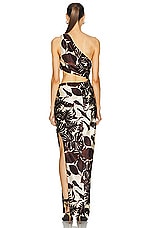 NICHOLAS Raya One Shoulder Asymmetrical Gown in Dark Chocolate Segovia Print, view 4, click to view large image.