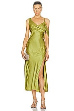 NICHOLAS Finley Asymmetrical Draped Midi Dress in Moss, view 1, click to view large image.