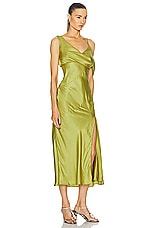 NICHOLAS Finley Asymmetrical Draped Midi Dress in Moss, view 2, click to view large image.