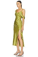 NICHOLAS Finley Asymmetrical Draped Midi Dress in Moss, view 3, click to view large image.