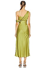 NICHOLAS Finley Asymmetrical Draped Midi Dress in Moss, view 4, click to view large image.