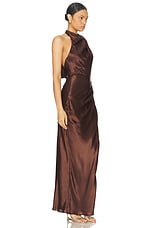 NICHOLAS Galilea High Neck Gold Trim Maxi Dress in Espresso, view 2, click to view large image.