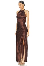 NICHOLAS Galilea High Neck Gold Trim Maxi Dress in Espresso, view 3, click to view large image.