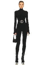 Norma Kamali Long Sleeve Turtleneck Catsuit with Footie in Black, view 1, click to view large image.