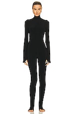 Norma Kamali Long Sleeve Turtleneck Catsuit with Footie in Black, view 2, click to view large image.