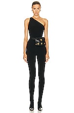 Norma Kamali One Shoulder Footie Catsuit in Black, view 1, click to view large image.
