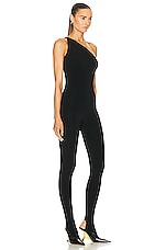 Norma Kamali One Shoulder Footie Catsuit in Black, view 2, click to view large image.