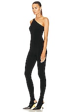 Norma Kamali One Shoulder Footie Catsuit in Black, view 3, click to view large image.